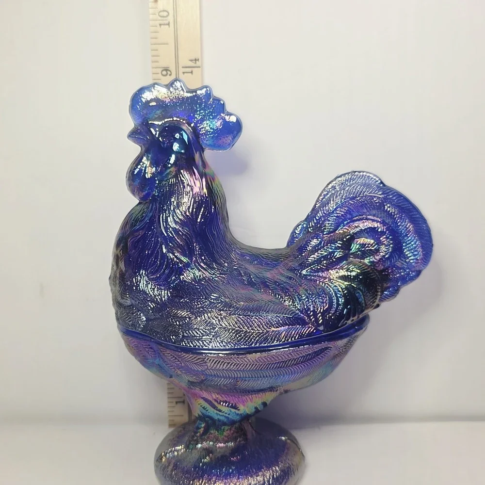 VINTAGE CARNIVAL GLASS 9'' STANDING ROOSTER CANDY DISH